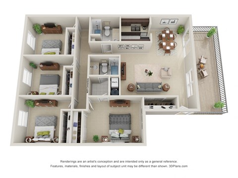 Floor plan for 4 beds, 2 baths, 1350 sqft
